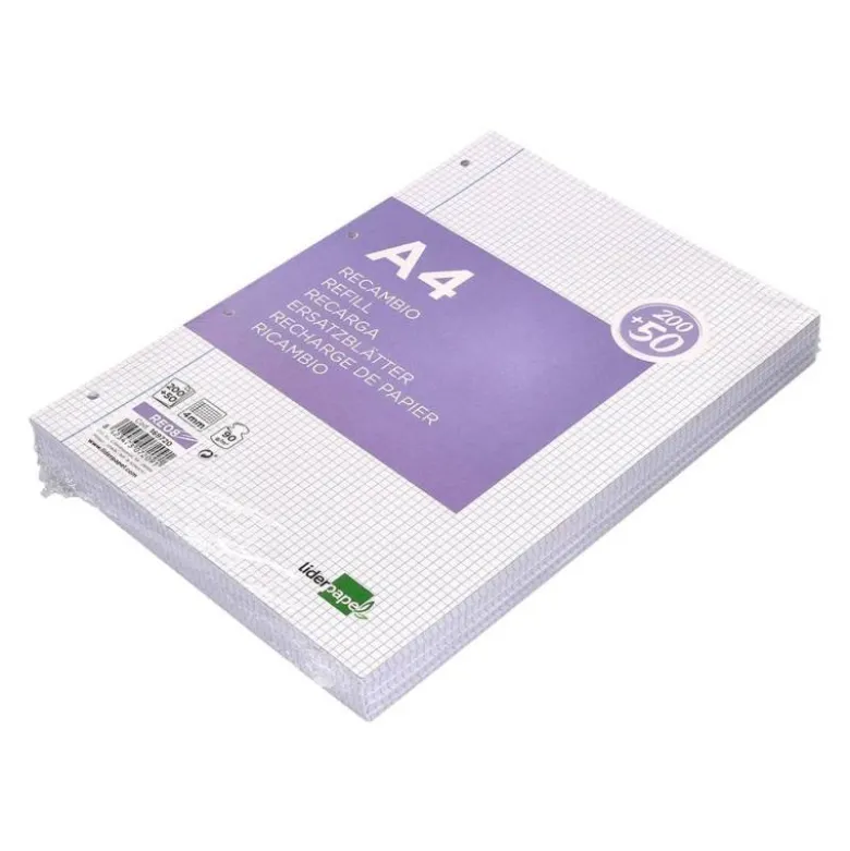 RECAMBIO LIDERPAPEL A4 200+50 HOJAS 90G/M2 CUADRO 4 MM CON MARGEN 4 TALADROS