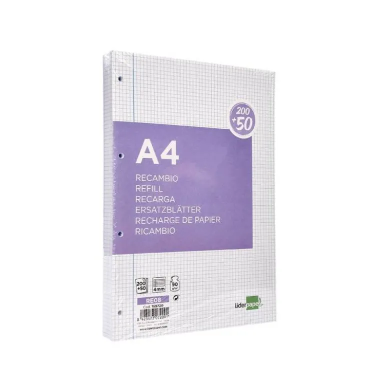 RECAMBIO LIDERPAPEL A4 200+50 HOJAS 90G/M2 CUADRO 4 MM CON MARGEN 4 TALADROS