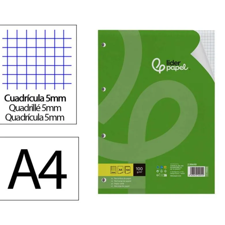 RECAMBIO LIDERPAPEL A4 100 HOJAS 100G/M2 CUADRO 5 MM CON MARGEN 4 TALADROS