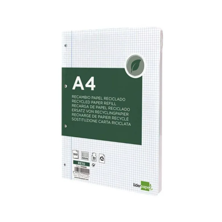 RECAMBIO LIDERPAPEL A4 100 HOJAS PAPEL RECICLADO 100% 80G/M2 CUADRO 4MM CON MARGEN 4 TALADROS