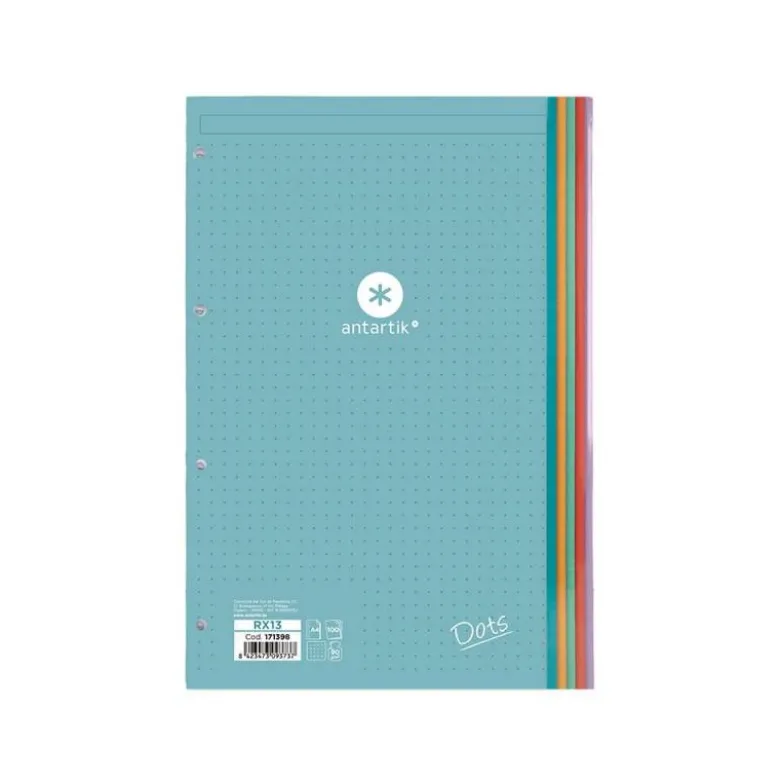 RECAMBIO LIDERPAPEL ANTARTIK DOTS A4 100 HOJAS 90G/M2 RAYADO PUNTOS 4 TALADROS BANDAS DE 5 COLORES