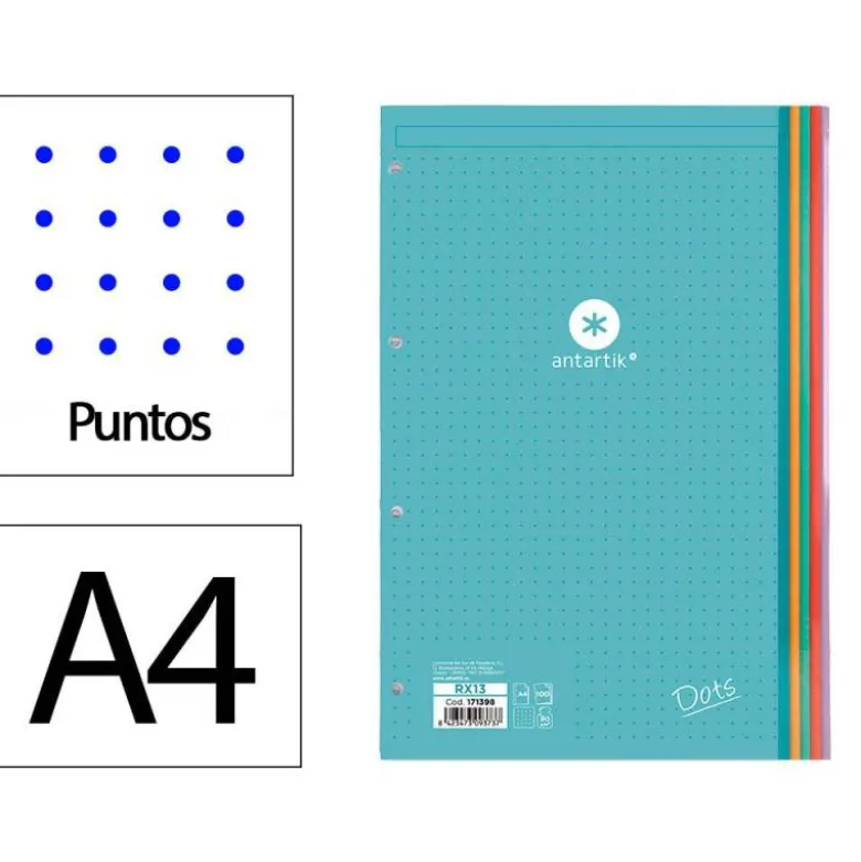 RECAMBIO LIDERPAPEL ANTARTIK DOTS A4 100 HOJAS 90G/M2 RAYADO PUNTOS 4 TALADROS BANDAS DE 5 COLORES