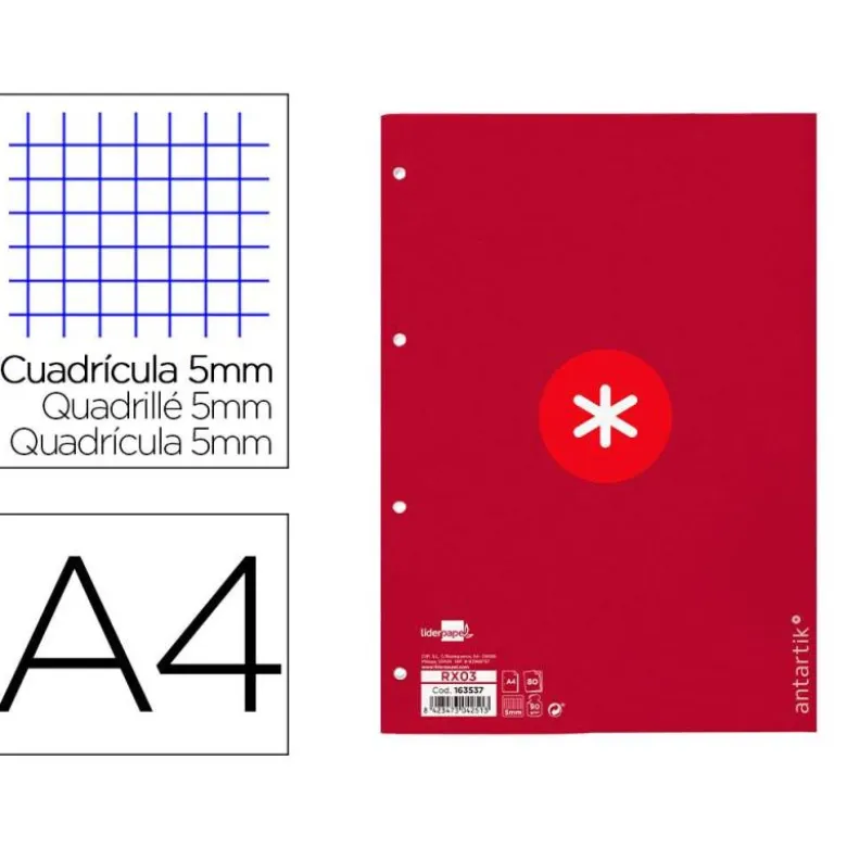 RECAMBIO LIDERPAPEL DIN A4 ANTARTIK 80 HOJAS 90G/M2 CUADRO 5 MM 4 TALADROS 1 BANDA MARCO COLOR FRAMBUESA