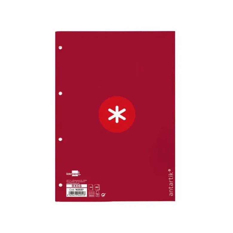 RECAMBIO LIDERPAPEL DIN A4 ANTARTIK 80 HOJAS 90G/M2 CUADRO 5 MM 4 TALADROS 1 BANDA MARCO COLOR FRAMBUESA