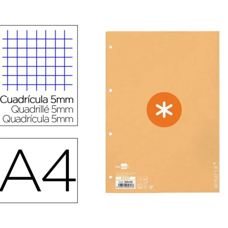 RECAMBIO LIDERPAPEL DIN A4 ANTARTIK 80 HOJAS 90G/M2 CUADRO 5MM 4 TALADROS 1 BANDA CON MARCO COLOR AMARILLO