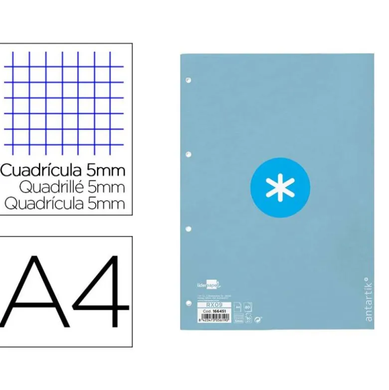 RECAMBIO LIDERPAPEL DIN A4 ANTARTIK 80 HOJAS 90G/M2 CUADRO 5MM 4 TALADROS 1 BANDA CON MARCO COLOR CELESTE