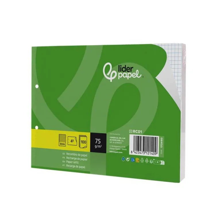RECAMBIO LIDERPAPEL DIN A5 APAISADO 100 HOJAS 75 GR CUADRO 4 MM 2 TALADROS CON MARGEN