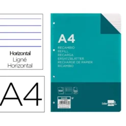 Recambio Liderpapel Din A4 con 4 taladros 100 gr rayado horizontal con margen y con bandas de 5 colores