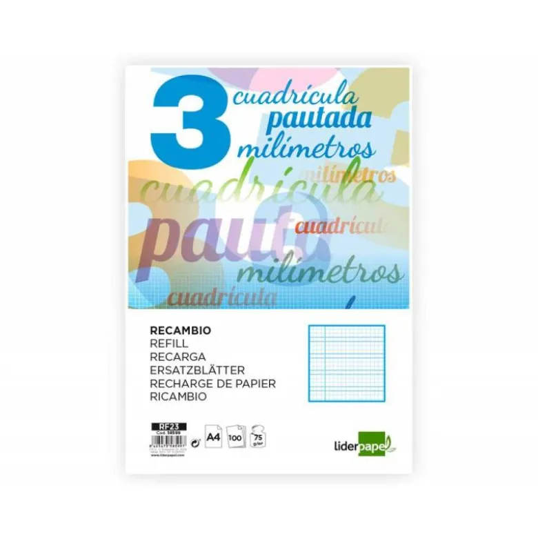 Recambio Liderpapel DIN A4 80g cuadriculado pautado 3 mm