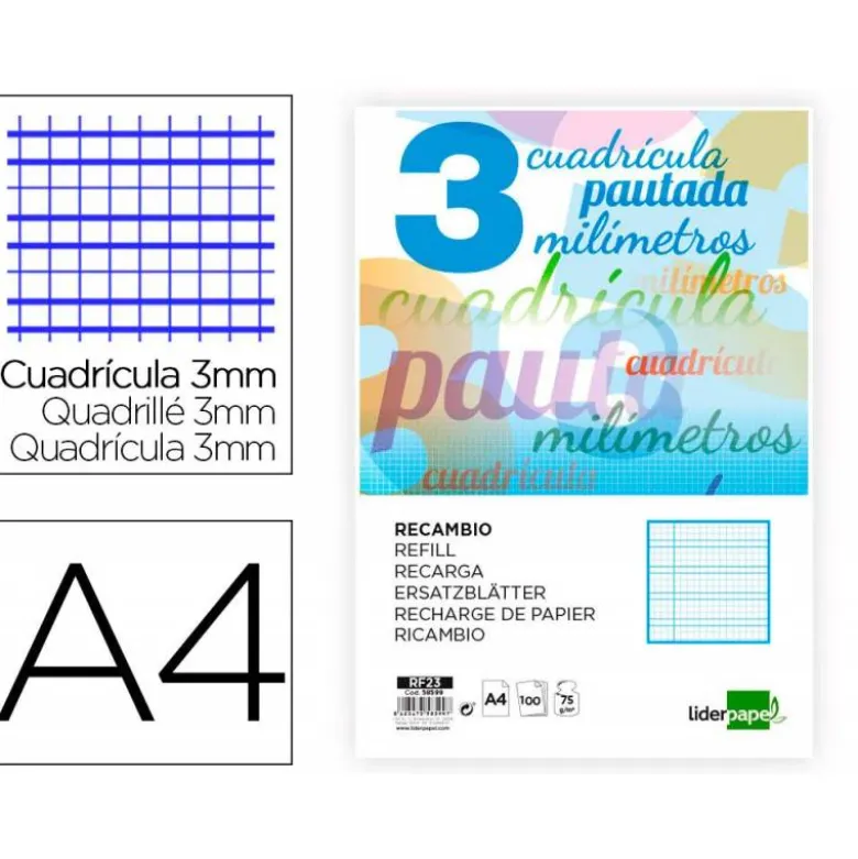 Recambio Liderpapel DIN A4 80g cuadriculado pautado 3 mm