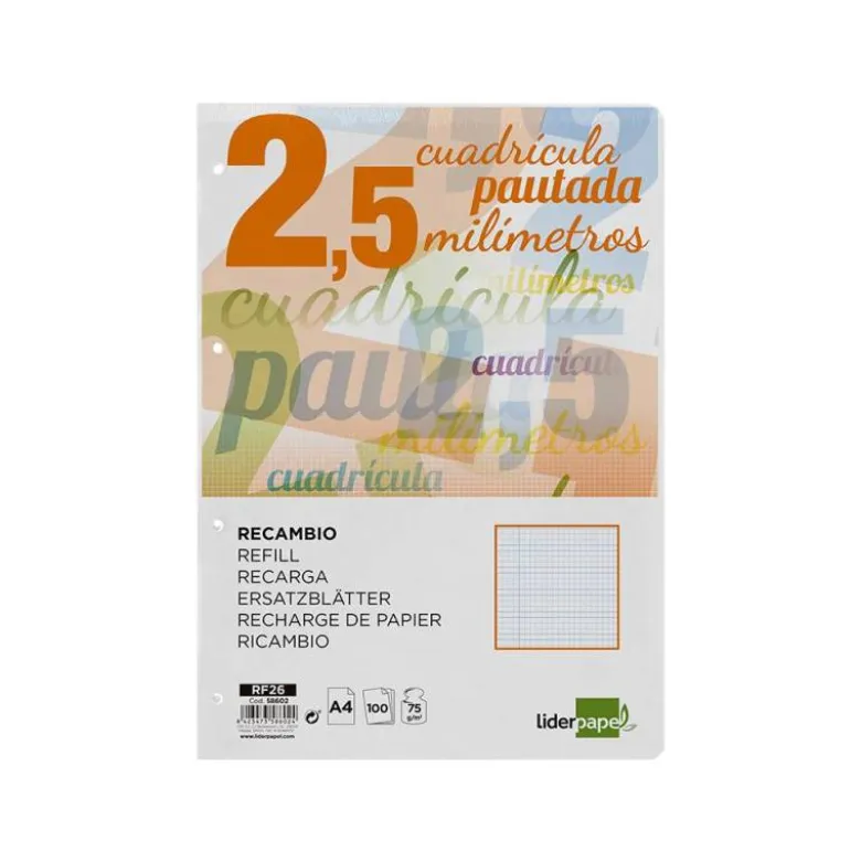 Recambio Liderpapel DIN A4 80 gr cuadricula pautada 2,5 mm