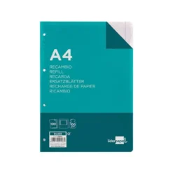 Recambio Liderpapel DIN A4 100 hojas 100g/m2 liso con margen y con 4 taladros.