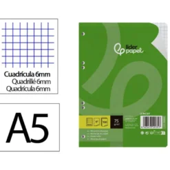 RECAMBIO LIDERPAPEL DIN A5 100 HOJAS 75 GR CUADRO 6MM CON MARGEN 6 TALADROS