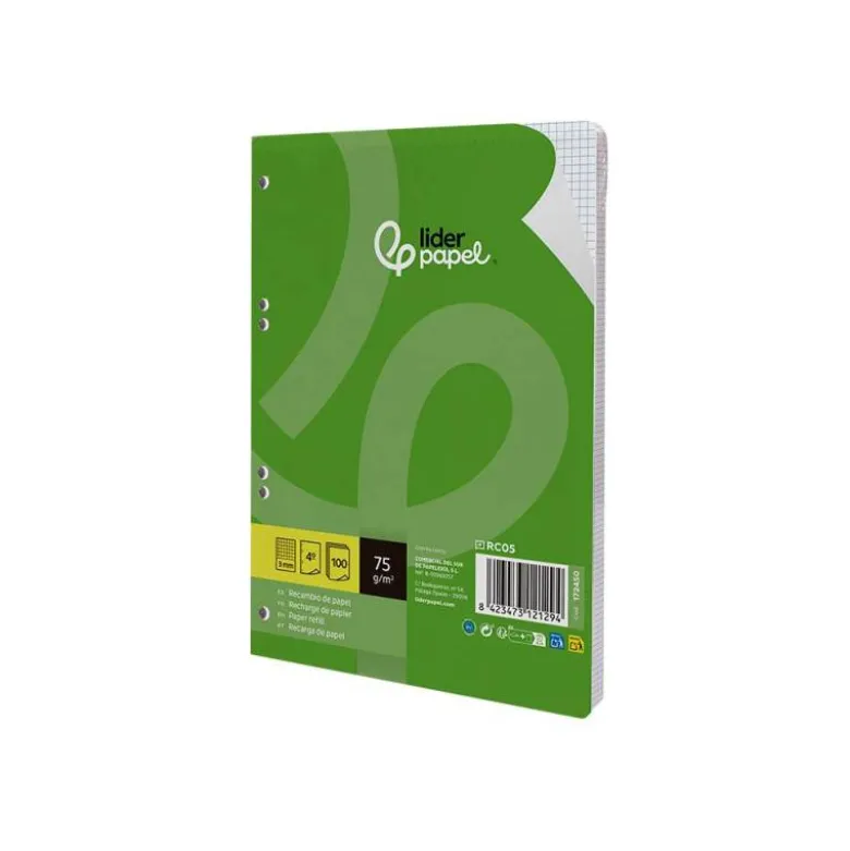 RECAMBIO LIDERPAPEL DIN A5 100 HOJAS 75 GR CUADRO 3MM CON MARGEN 6 TALADROS