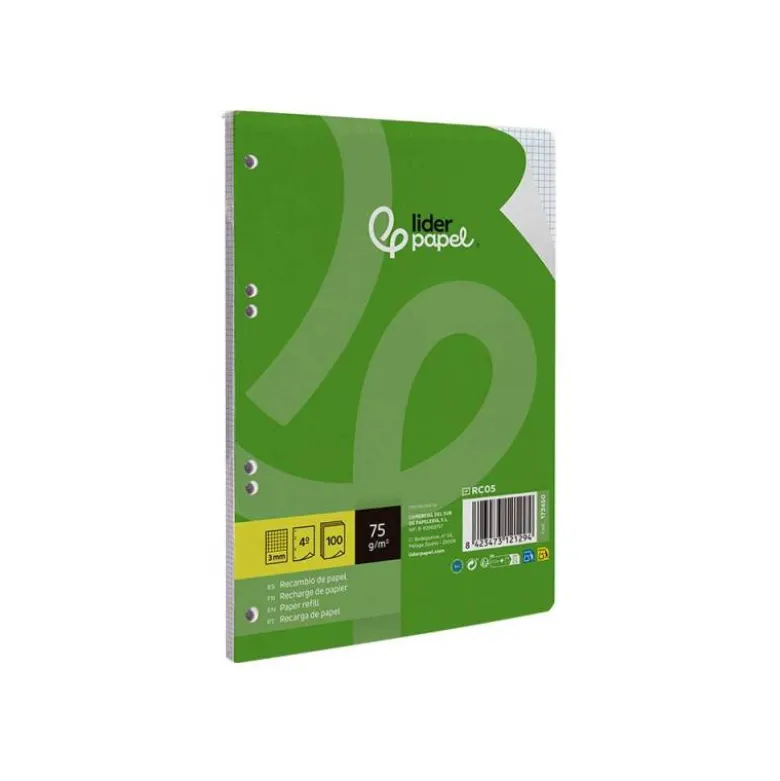 RECAMBIO LIDERPAPEL DIN A5 100 HOJAS 75 GR CUADRO 3MM CON MARGEN 6 TALADROS