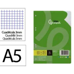 RECAMBIO LIDERPAPEL DIN A5 100 HOJAS 75 GR CUADRO 3MM CON MARGEN 6 TALADROS