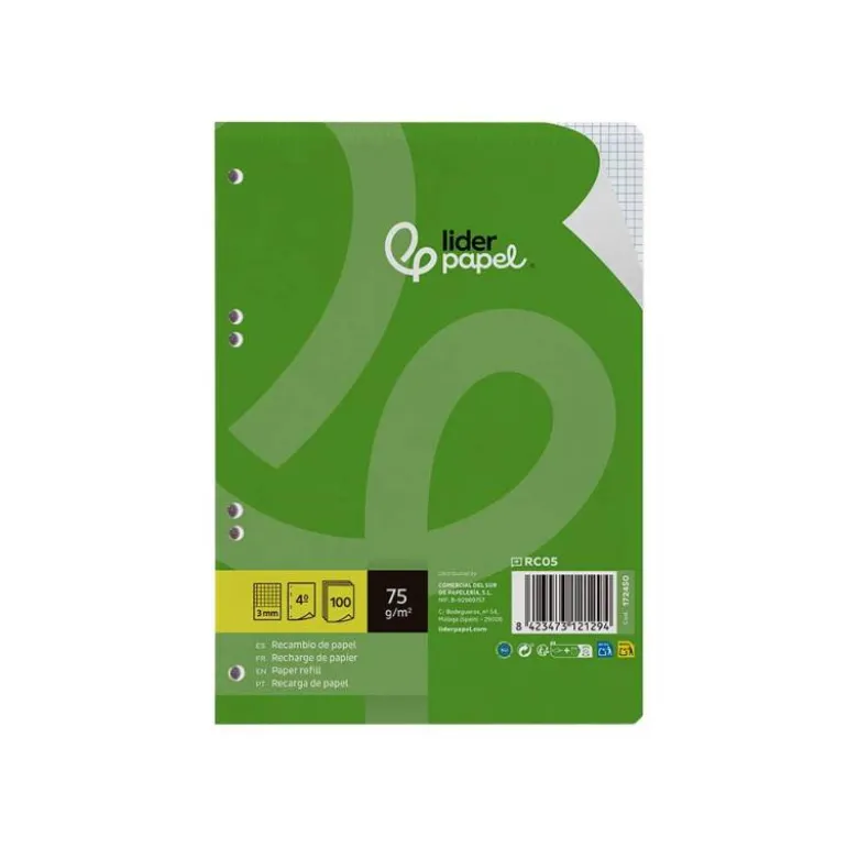 RECAMBIO LIDERPAPEL DIN A5 100 HOJAS 75 GR CUADRO 3MM CON MARGEN 6 TALADROS