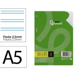 RECAMBIO LIDERPAPEL DIN A5 100 HOJAS 75 GR PAUTA 5 2.5MM CON MARGEN 6 TALADROS