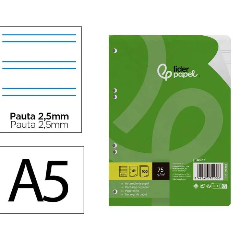 RECAMBIO LIDERPAPEL DIN A5 100 HOJAS 75 GR PAUTA 5 2.5MM CON MARGEN 6 TALADROS