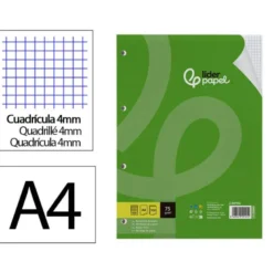 RECAMBIO LIDERPAPEL DIN A4 100 HOJAS 75 GR CUADRO 4 MM CON MARGEN SIN TALADROS