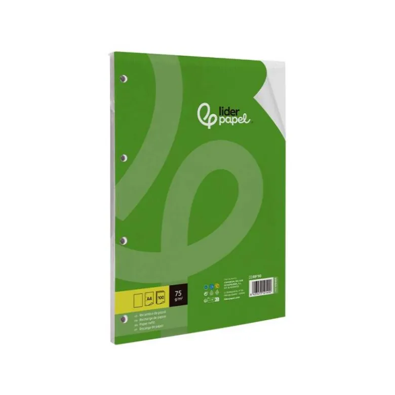 RECAMBIO LIDERPAPEL DIN A4 100 HOJAS 75 GR LISO SIN MARGEN 4 TALADROS