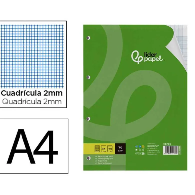 RECAMBIO LIDERPAPEL DIN A4 100 HOJAS 75 GR MILIMETRADO SIN MARGEN 4 TALADROS