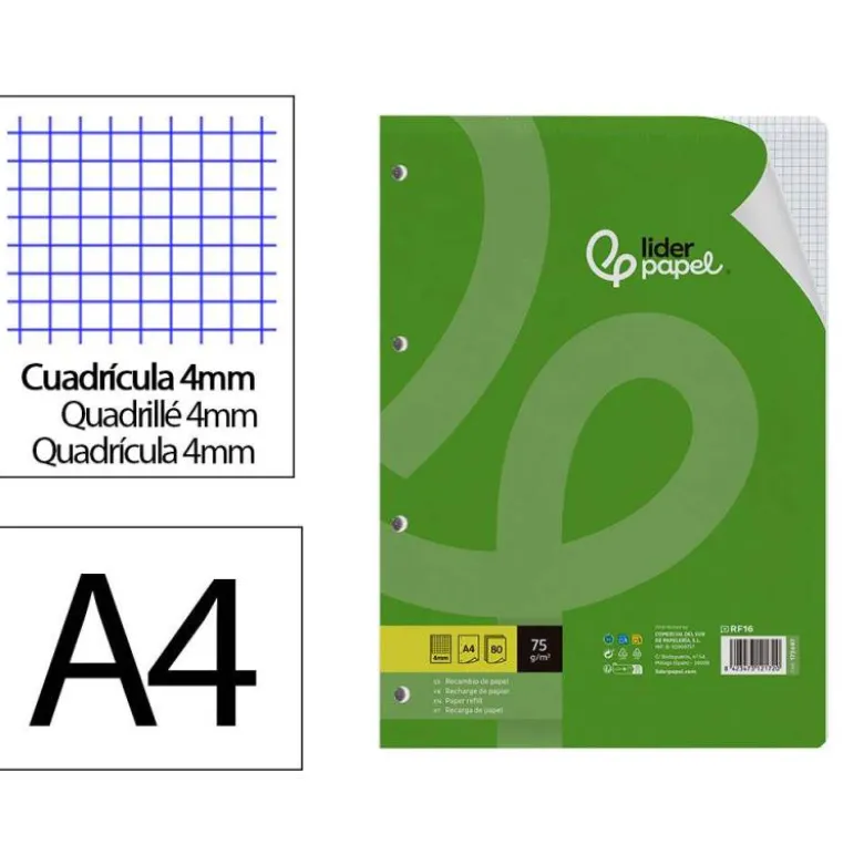 RECAMBIO LIDERPAPEL DIN A4 80 HOJAS 75G/M2 CUADRO 4 MM CON MARGEN 4 TALADROS