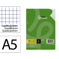 RECAMBIO LIDERPAPEL DIN A5 100 HOJAS 75 GR CUADRO 8MM CON MARGEN 6 TALADROS