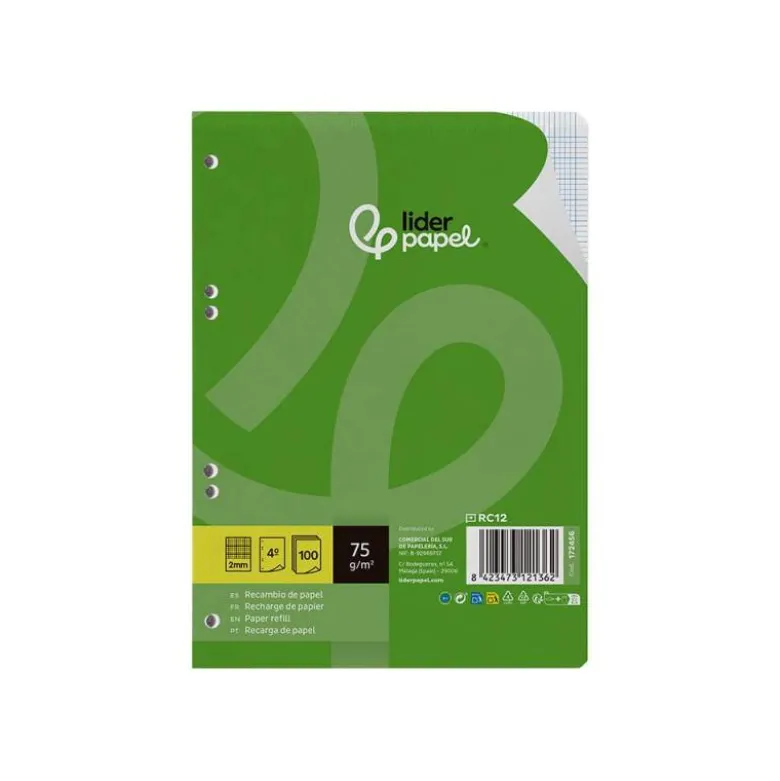 RECAMBIO LIDERPAPEL DIN A5 100 HOJAS 75 GR MILIMETRADO SIN MARGEN 6 TALADROS