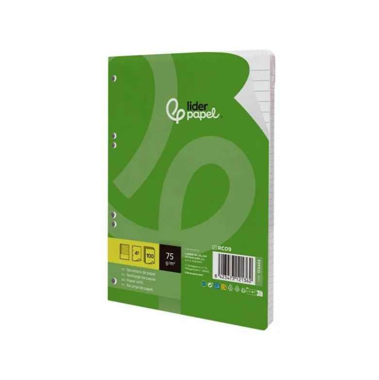 RECAMBIO LIDERPAPEL DIN A5 100 HOJAS 75 GR HORIZONTAL CON MARGEN 6 TALADROS