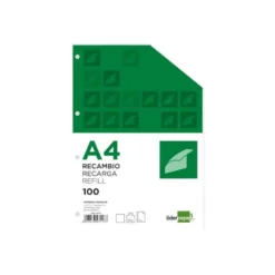 Recambio Liderpapel DIN A4 100 hojas 100g/m2 liso sin margen y con 4 taladros
