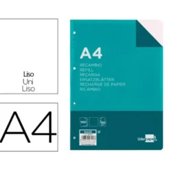 Recambio Liderpapel DIN A4 100 hojas 100g/m2 liso sin margen y con 4 taladros