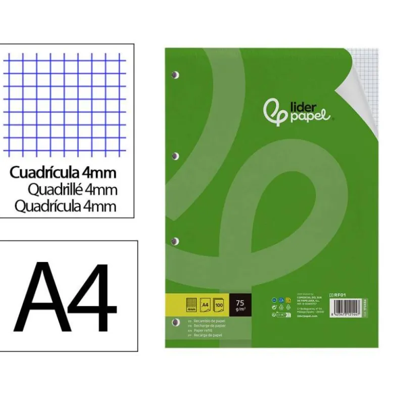 RECAMBIO LIDERPAPEL DIN A4 100 HOJAS 75 GR CUADRO 4 MM CON MARGEN 4 TALADROS
