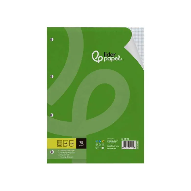 RECAMBIO LIDERPAPEL DIN A4 100 HOJAS 75 GR CUADRO 3 MM CON MARGEN 4 TALADROS