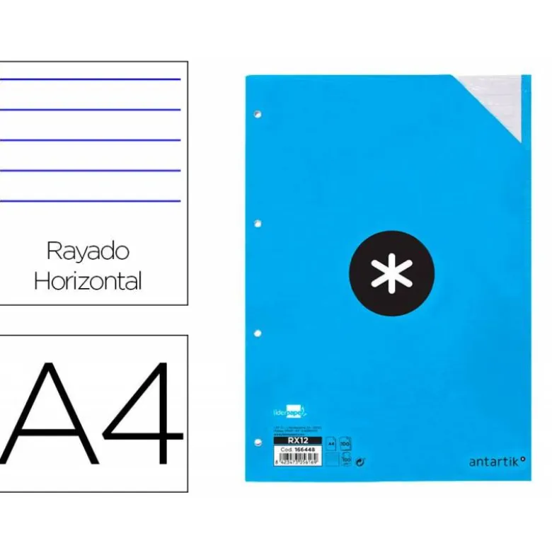 RECAMBIO LIDERPAPEL DIN A4 100 HOJAS 100G/M2 RAYADO HORIZONTAL 4 TALADROS BANDAS DE 5 COLORES ANTARTIK