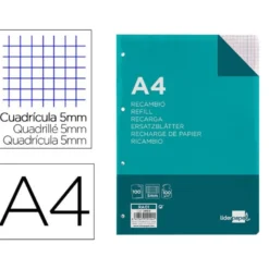 Recambio Liderpapel Din A4 4 taladros 100 gr cuadrícula 5mm