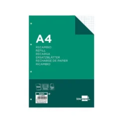 Recambio Liderpapel Din A4 4 taladros 100 gr cuadrícula 5mm