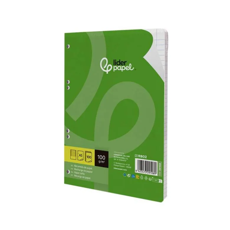 Recambio Liderpapel DIN A5 6 taladros 100 gr rayado horizontal