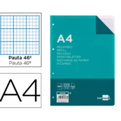Recambio Liderpapel Din A4 4 taladros 100 gr rayado Nº 46