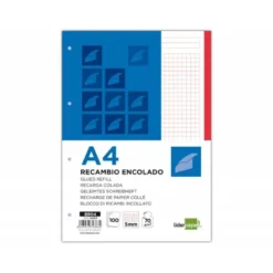 Recambio Liderpapel encolado Din A4 4 taladros 70gr cuadrícula 5mm rojo