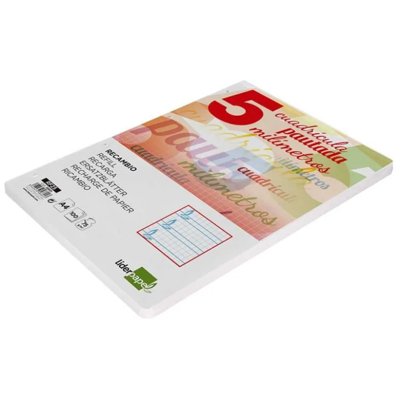 Recambio Liderpapel folio 4 taladros 80g cuadriculado pautado 5 mm