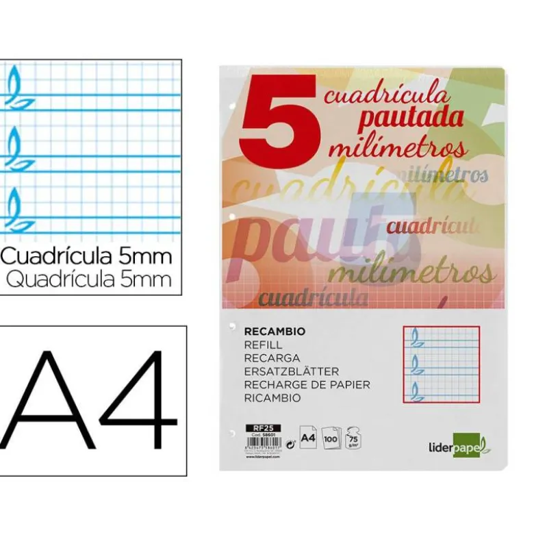 Recambio Liderpapel folio 4 taladros 80g cuadriculado pautado 5 mm