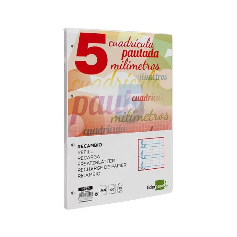 Recambio Liderpapel folio 4 taladros 80g cuadriculado pautado 5 mm