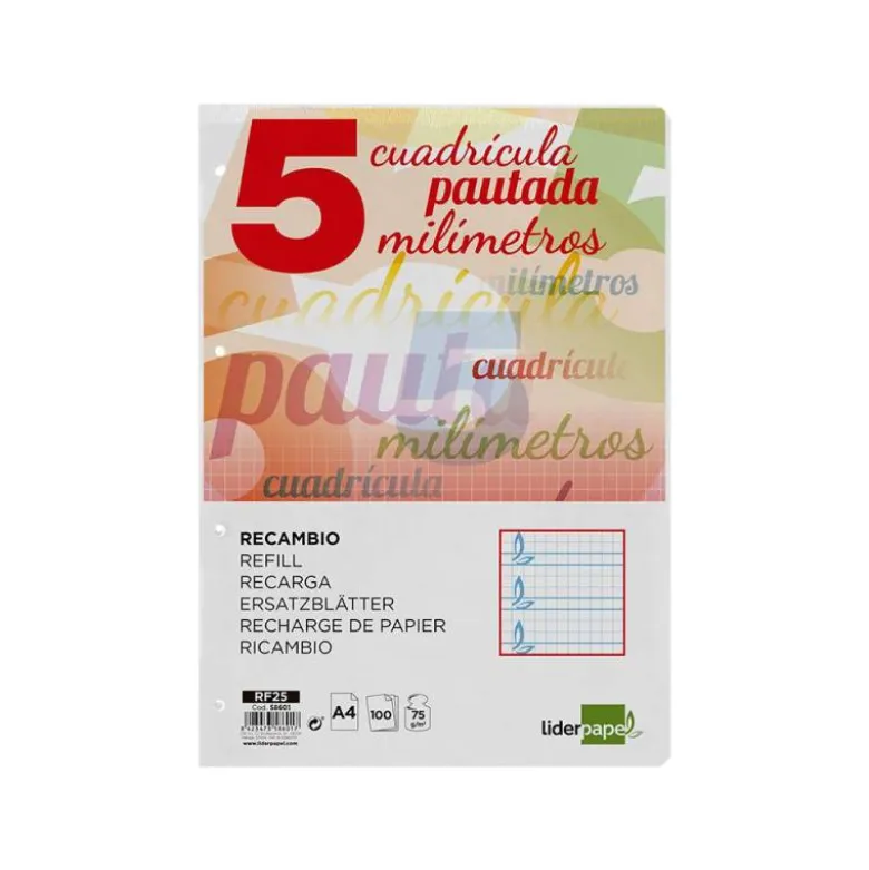 Recambio Liderpapel folio 4 taladros 80g cuadriculado pautado 5 mm