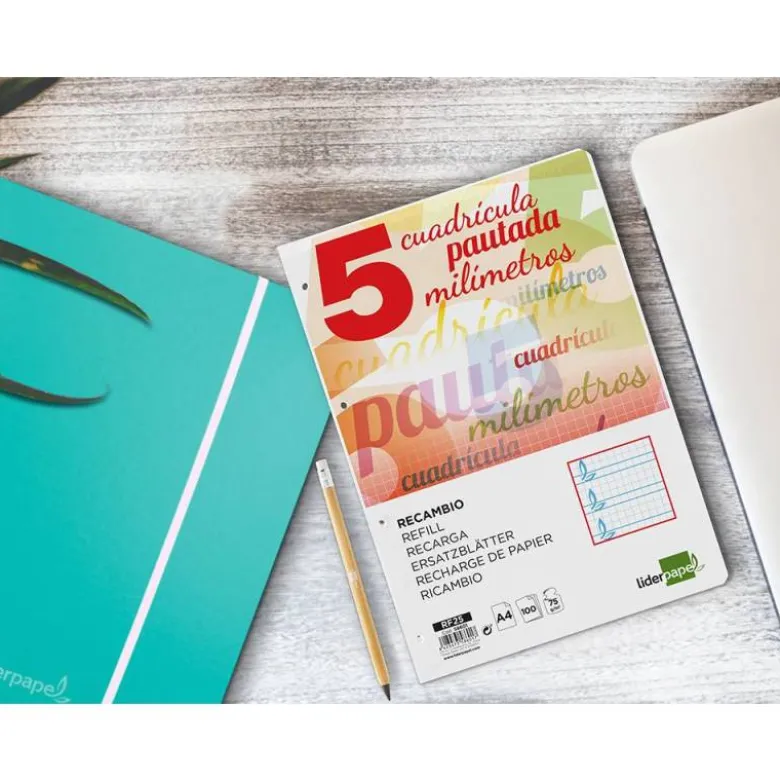 Recambio Liderpapel folio 4 taladros 80g cuadriculado pautado 5 mm