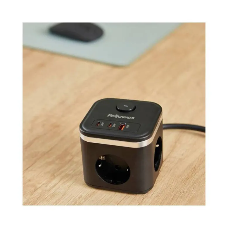 REGLETA FELLOWES CUBO MULTIENCHUFES 3 TOMAS CORRIENTE + 2XUSB C + A USB A COLOR NEGRO