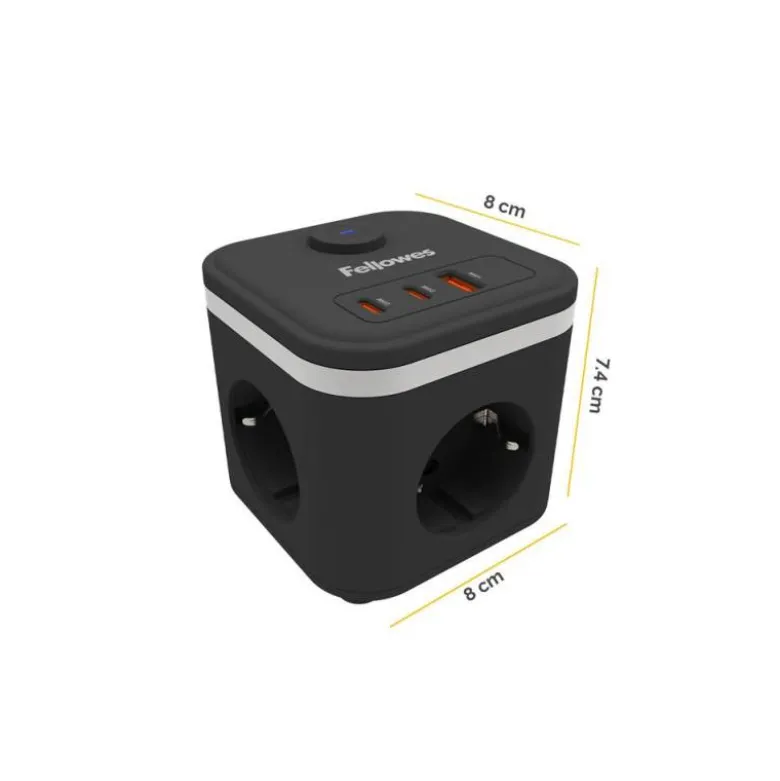 REGLETA FELLOWES CUBO MULTIENCHUFES 3 TOMAS CORRIENTE + 2XUSB C + A USB A COLOR NEGRO