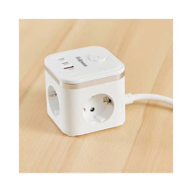 REGLETA FELLOWES CUBO MULTIENCHUFES 3 TOMAS CORRIENTE + 2XUSB C + A USB A COLOR BLANCO