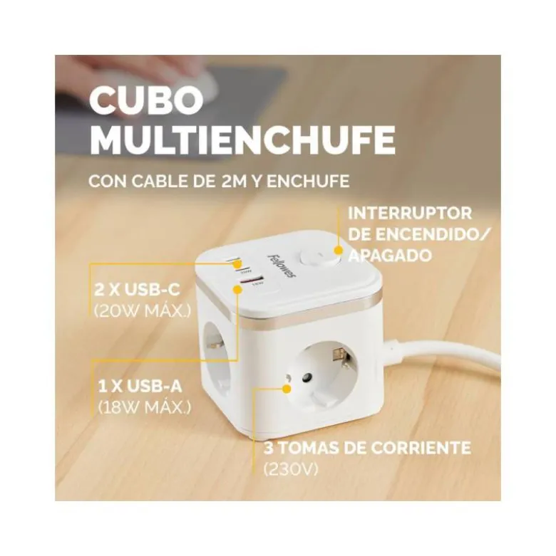 REGLETA FELLOWES CUBO MULTIENCHUFES 3 TOMAS CORRIENTE + 2XUSB C + A USB A COLOR BLANCO