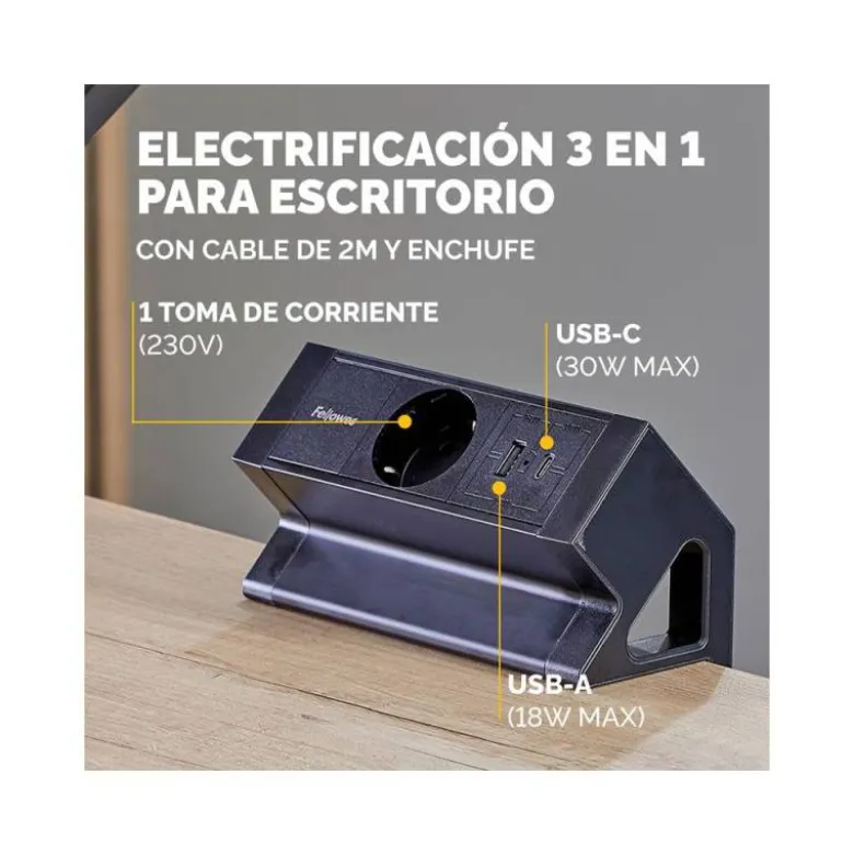 REGLETA FELLOWES SOBREMESA 1 TOMA + USB A + USB C COLOR NEGRO
